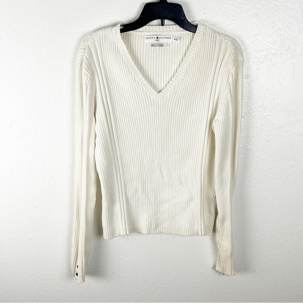 TOMMY HILFIGER Cream V-Neck Ribbed Long Sleeves Button Cuff Accent Sweater Large